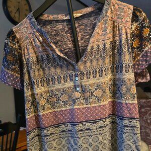 Lucky Brand Mixed Print Boho Top - Short Sleeve, V-Neck